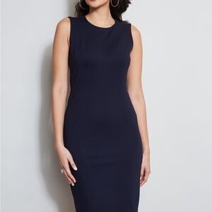 Elie Tahari Blue Sheath Midi Dress Crew Neck Sleeveless